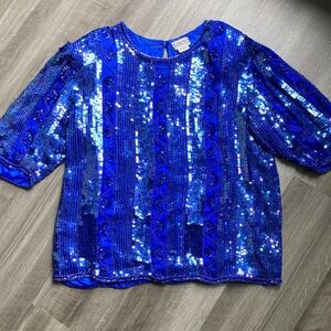 Vintage 80s 90s Tribout Silk Sequin Beaded Royal Blue Glam Event Party Top sz L